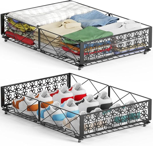 Under Bed Storage with Wheels, Rollable Under Bed Storage Container, Foldable Metal Under Bed Organizer for Bedroom Clothes Shoes Blankets Storage (2black, Black)