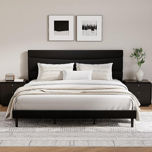 GarveeHome King Modern Upholstered Bed Frame with Soft Padded Headboard,Sturdy Metal Steel Slat Support, Noise-Free Quiet Design,Easy Assembly,Heavy Duty Stable Bed Frame(Black)