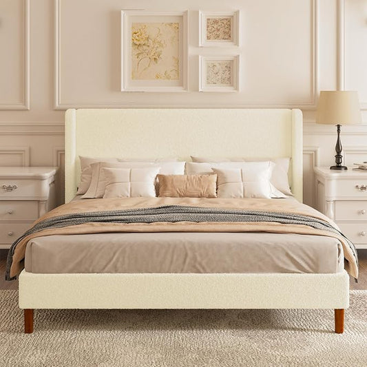 King Boucle Upholstered Platform Bed Frame with Adjustable Wingback Headboard, Cloud Bed with Solid Wood Legs, No Box Spring Needed, Easy Assembly, Beige