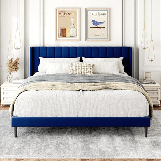 Gruwans King Size Bed Frame with Upholstered Wingback Headboard, Easy Assemnly Platform Bed, Wooden Slat Support No Box Spring Needed, Navy Blue