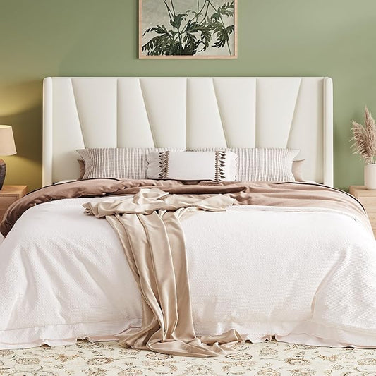 Allewie King Size Platform Velvet Bed Frame with Geometric Wingback Headboard, Boho Upholstered Bed with Wooden Slats Support, No Box Spring Needed, Easy Assembly, Cream