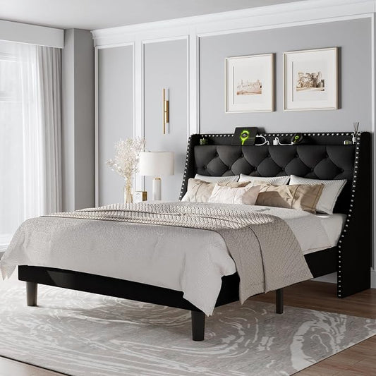 Feonase Full Size Bed Frame with Luxury Wingback and Fast Charging Station,Full Upholstered Button Tufted Storage Headboard Platform Bed,Sturdy Wooden Slats Support,Noise-Free,Easy Assembly,Black