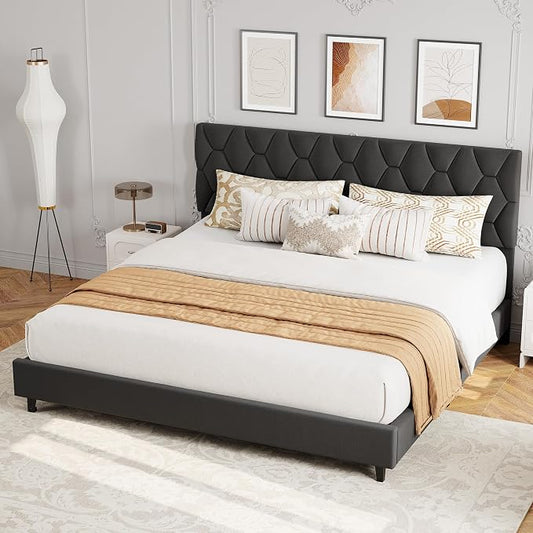 GarveeHome King Size Platform Bed Frame with Upholstered Headboard and Wooden Slats Support, Upholstered Mattress Foundation/No Box Spring Needed/Easy Assembly, Grey