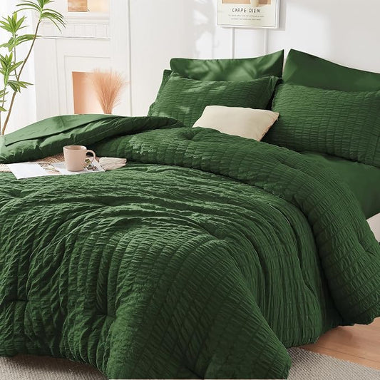HYMOKEGE Dark Green Twin Comforter Set Seersucker 5 Pieces, All Season Luxury Bed in a Bag Queen for Bedroom, Bedding Set with Comforter, Sheets, Pillowcase & Sham