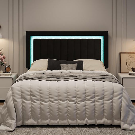SHA CERLIN Full Size Velvet Bed Frame with LED Light, Adjustable Vertical Channel Tufted Headboard, Strong Wooden Slats Support, Noise-Free, No Box Spring Needed, Black