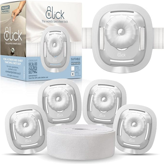 Click Bed Sheet Holder - No Lift Mattress Sheet Clips & Strap for Queen King Size Beds, Sheet Keepers to Keep Sheets on Bed, Heavy Duty Bedsheet Lock Fasteners to Hold Sheets in Place Firm & Tight