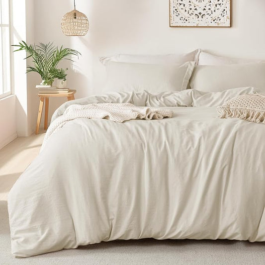 MILDLY Super Soft Duvet Cover - 100% Washed Microfiber Beige Comforter Cover Set 3 Pieces with Zipper Closure & Corner Ties (No Comforter)
