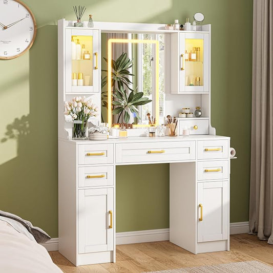 Vanity Table with Mirror and Lights, 5 Drawers, 2 Lighted Cabinets & 2 Storage Cabinets, Makeup Dressing Table, White Vanity for Bedroom Dressing Room