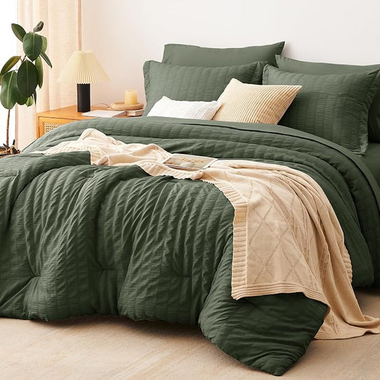 CozyLux Full Size Comforter Sets with Sheets 7 Pieces, Dark Green Seersucker Bed in a Bag Textured Luxury Soft Bedding Set with Down Alternative Comforter, Sheets, Pillowcases & Shams for All Seasons