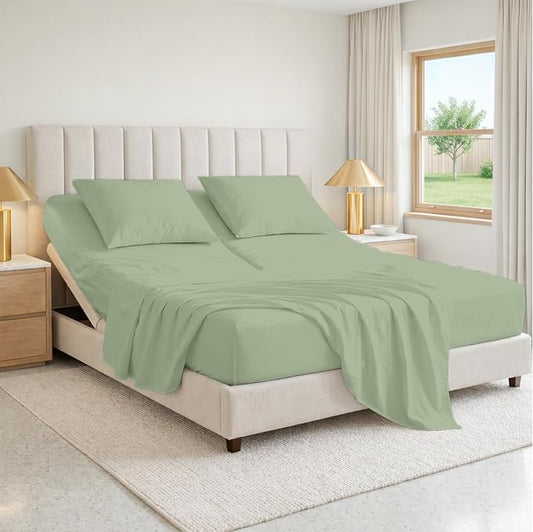 SGI bedding 28" Queen Split Top Flex Head Sheet 100% Egyptian Cotton 1000 Thread Count Flex Top Sheet for Adjustable Bed 4Pc Sheet Set 15" Deep Pocket for Sleep Number Bed - Moss