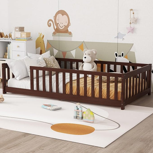 Bellemave Twin Floor Bed with Slats and Safety Guardrails, Twin Size Montessori Floor Bed with Fence and Without Door, Easy Assemble Montessori Beds Frame for Girls, Boys, Pink Espresso