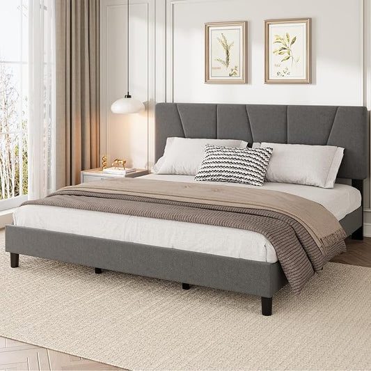 King Size Upholstered Platform Bed Frame with Adjustable Headboard, Fits 8-14 Inch Mattress, Heavy Duty Bed Frame with Wooden Slats Support, Noise-Free, Non-slip, No Box Spring Needed, Easy Assembly