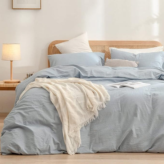 BESTOUCH Duvet Cover Set 100% Washed Cotton Linen Feel Super Soft Comfortable Chic Lightweight 2 PCs Home Bedding Set Solid Cornflower Blue Twin/Twin XL
