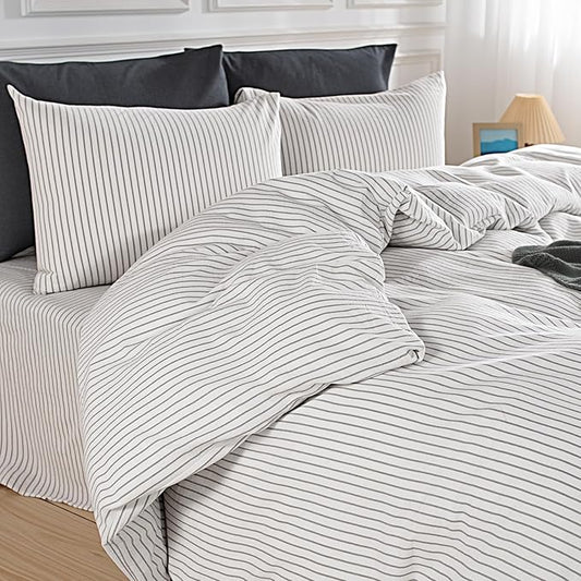 NEXHOME PRO Striped Duvet Cover Queen Size,100% Washed Cotton Bedding Set,Textured Linen Feel,Breathable,Organic,3 Piece(Grey Stripes 90x90)