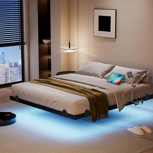 qimamo 10 Inch Floating Full Bed Frame with Smart LED Lights and Charging Station, Modern Metal Full Bed Frame, Easy to Assemble, No Box Spring Needed