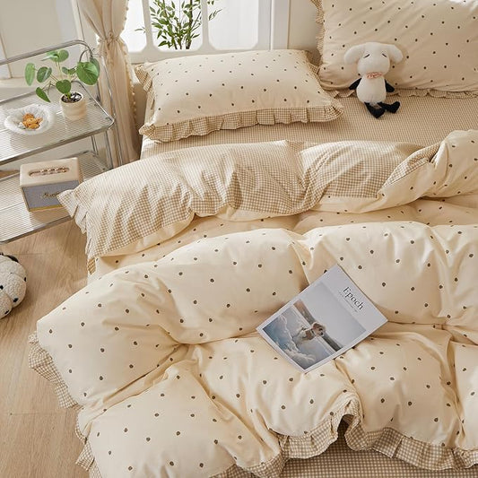 mixinni Floral Duvet Cover Set King Size – 100% Cotton 3-Piece Bedding Set with Ruffled Trim, Reversible Vintage Beige Gingham & Strawberry Print, Soft Aesthetic Duvet Cover with Zipper Closure