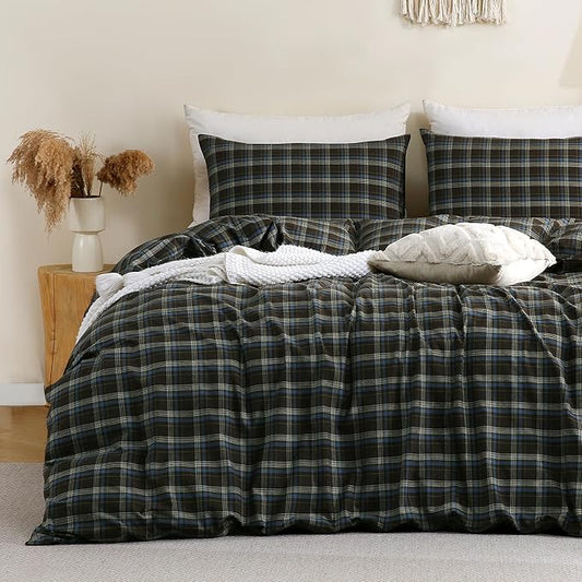 TOCOMOA Buffalo Plaid Duvet Cover Set 100% Washed Cotton Like Linen Feel Super Soft Comfy 3 Piece Brown Blue Gingham Checkered Bedding Comforter Cover Set (King 104"x90", Comforter Not Included)