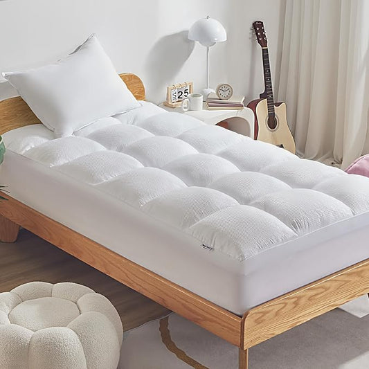 SLEEP ZONE Mattress Topper Twin Size, Extra Thick Fitted Mattress Pad for Back Pain, Plush and Support Mattress Cover, Deep Pockets Mattress Protector, Hotel Quality (White, Twin)