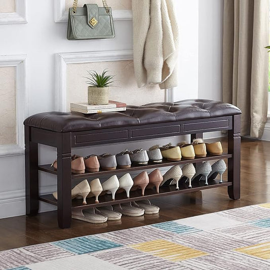 Shoe Storage Bench with Cushion, Entry Bench with Storage Solid Wood Shoe Bench Ideal for Entryway Living Room and Corridor (Brown 39.4'')