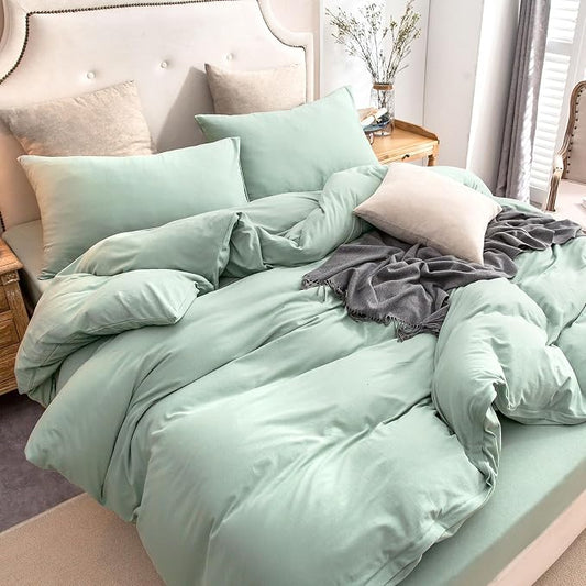 PURE ERA Jersey Knit Duvet Cover Set 100% T-Shirt Cotton Super Soft Comfy 3pc Bedding Set with Zipper Closure (Solid Sage Green, King)