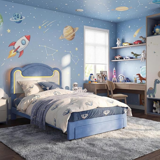 Garvee Twin Size Upholstered Bed Frame with LED Lights & Storage Drawers, Fabric Headboard & Wood Slats, No Box Spring Needed, Princess Bed for Girls (Blue White)