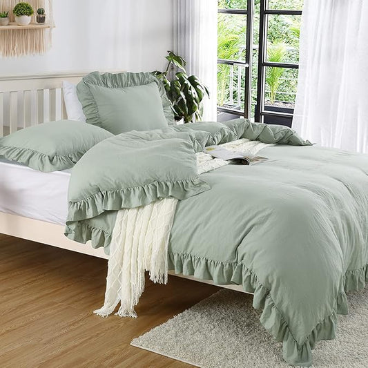 CAROMIO Ruffle Duvet Cover Queen Size, 3PCS Soft Washed Microfiber Vintage French Country Duvet Cover Set for Queen Bed, Sage Green, 90x90 in