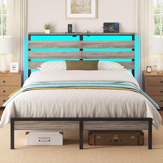 Rolanstar Bed Frame Full Size with USB Charging Station, LED Bed Frame with Wood Storage Headboard, Light Grey Metal Platform Bed with Under Bed Storage, No Box Spring Needed, Noise Free
