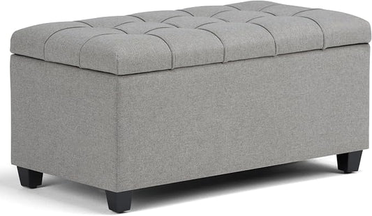 SIMPLIHOME Sienna Storage Ottoman Bench - 33 inch Wide Upholstered Linen Look Fabric Rectangle Storage Ottoman Bench in Fawn Brown, Transitional Tufted Ottoman for Living Room with Lift Top