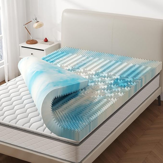 DUMOS Queen 4 Inch Gel Memory Foam Mattress Topper with 5-Zone Support, Cooling Infused Pressure Relief Pad for Back & Hip Pain, Portable Soft Bed Topper for Dorm, RV, Camping, Blue