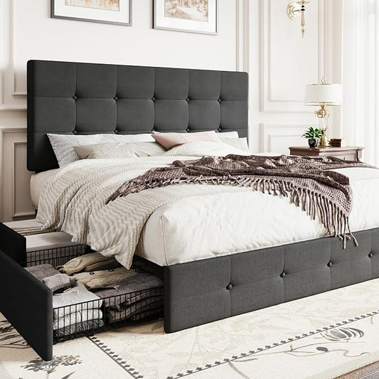 SHA CERLIN Upholstered Full Size Platform Bed Frame with 4 Storage Drawers, Adjustable Headboard with Square Stitched Button Tufted Design, Wooden Slat Support, No Box Spring Needed, Dark Grey