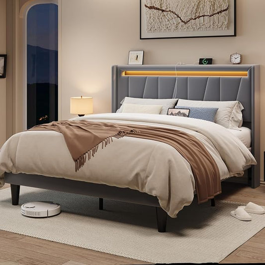 Allewie Full Size LED Bed Frame with Charging Station, Velvet Upholstered Platform Bed with Geometric Wingback Headboard, Modern Frame with No Box Spring Needed, Easy Assembly, Grey