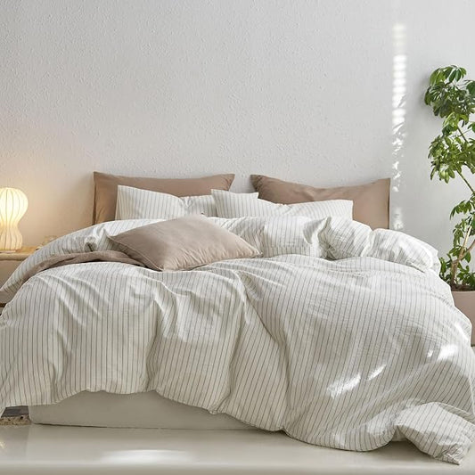 MooMee Striped Duvet Cover Set 100% Washed Cotton Linen Like Textured Breathable Durable Soft Comfy (White Sage Green Wide Stripes, King 104"x90")
