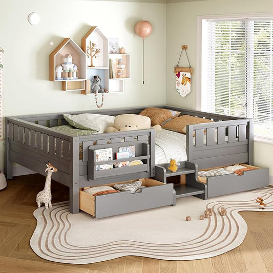 Bellemave Queen Size Kids Montessori Bed with Stairs and Bookshelf,Solid Wood Queen Size Kids Bed Frame with Drawers and Storage for Girls Boys,Low-Profile,Gray