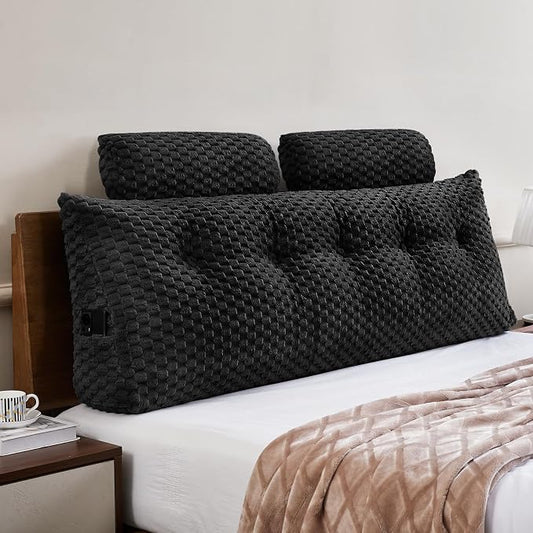 Wedge Headboard Pillow - Bed Wedge Pillow for Headboard Triangular Headboard Pillow with Neck Roll Pillow-Large Bolster Pillow for Sitting in Bed Backrest Positioning Support (Black,59x8x20 Inches)