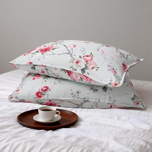 CHUFFED 100% French Linen Pillow Cases Pink Rose Print, Farmhouse Floral Stone Washed Pillow Shams with Envelope Closure Soft Breathable Vintage Pillow Covers for Decor,20x30 inches