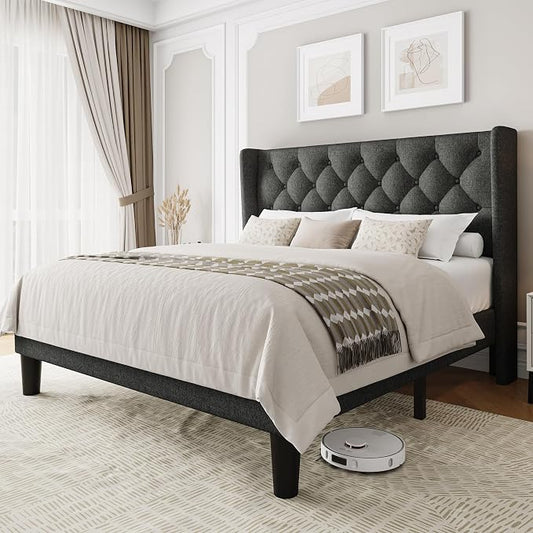 Einhomn Queen Size Platform Bed Frame with Fabric Upholstered Wingback Headboard, 8" Under Bed Space, Wooden & Metal Slats Support, No Box Spring Needed, Dark Gray