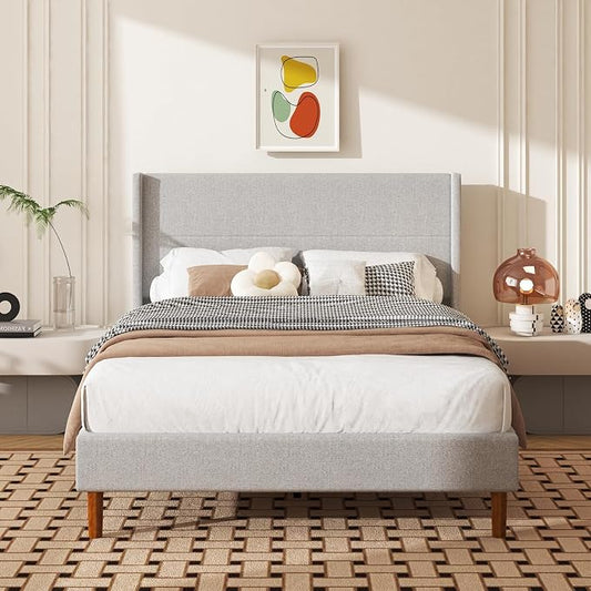 Full Size Bed Frame, Linen Upholstered Platform with Wingback Headboard, Wooden Slats Support, No Box Spring Needed, Easy Assembly, Lightgrey