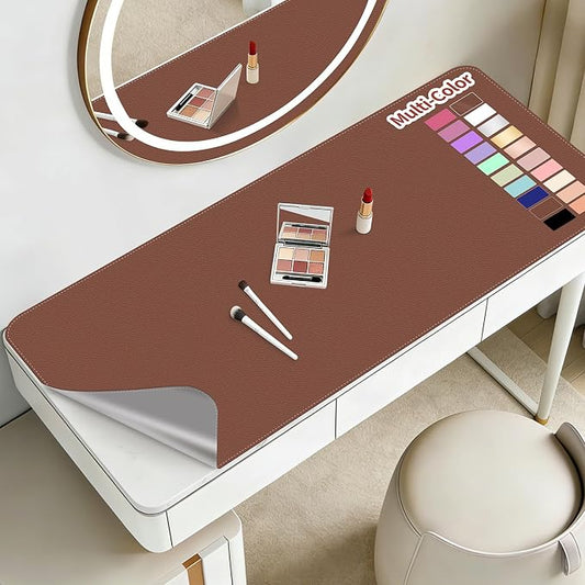 Makeup Mat for Vanity to Protect Desk Top 31.5 x 15.7 in, Dual-Sided Makeup Mat, Easy to Clean Desk Pad - Waterproof and Oilproof Vanity Accessories (Brown and Grey)