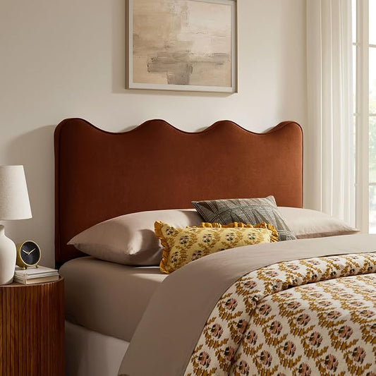 Monday Athena Full Size Performance Velvet Adjustable Headboard in Rust - with Scalloped Wave Design and Stain-Resistant Velvet Upholstery
