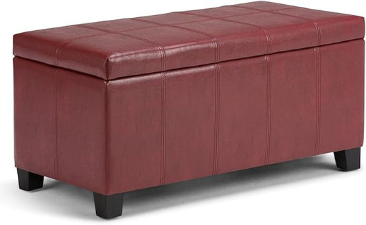 SIMPLIHOME Dover Storage Ottoman Bench - 36 inch Wide Upholstered Vegan Leather Rectangular Lift-Top Ottoman in Radicchio Red, Contemporary Bench for Living Room with Safety Hinges