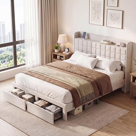 DUMOS Queen Size Upholstered Platform Bed Frame, Queen Bed with Storage Drawers and Fabric Headboard, Wooden Slats Support, 882 lbs Weight Capacity, No Box Spring Needed, Easy Assembly, Beige