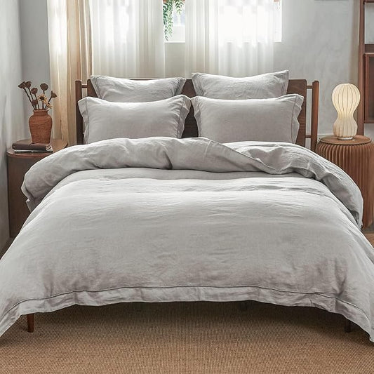 Simple&Opulence 100% Linen Duvet Cover Set with Embroidery Border Washed - 2 Pieces (1 Duvet Cover & 1 Pillow Sham) with Button Closure Soft Breathable Farmhouse - Light Grey, Twin Size