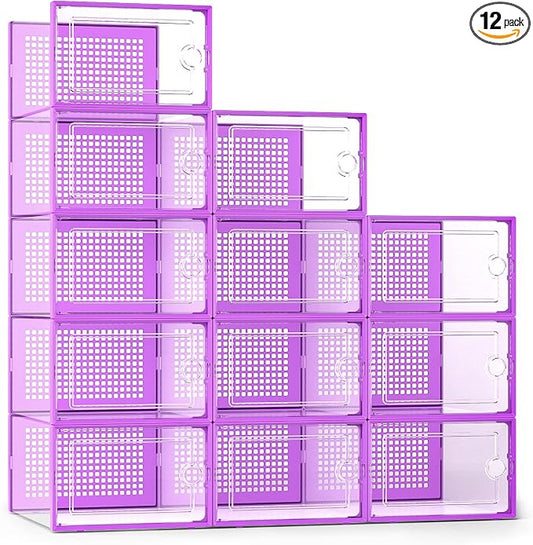 Kuject X-Large Shoe Storage Boxes Organizers Clear Plastic Stackable 12 Pack, Shoe Rack & Holder Substitute, Sneaker Containers, Toy Storage Organizer Bins for Entryway, Closet, Under Bed, Purple