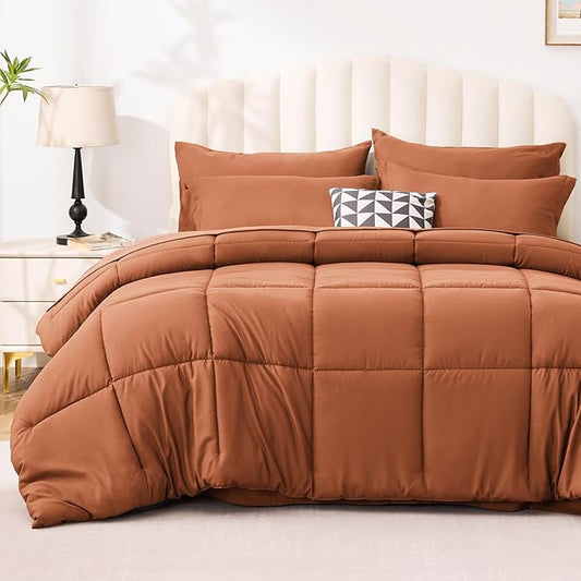 Love's cabin Queen Comforter Set Burnt Orange, 7 Pieces Queen Bed in a Bag, All Season Bedding Sets with 1 Comforter, 1 Flat Sheet, 1 Fitted Sheet, 2 Pillowcase and 2 Pillow Sham | Soft, Breathable, Lightweight, Comfortable
