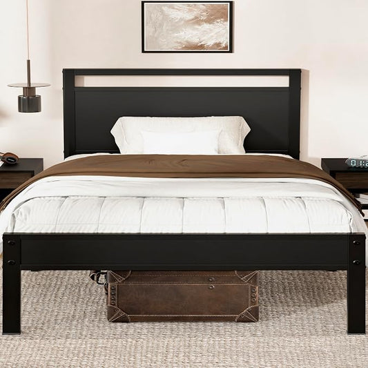 Z-hom Twin Metal Bed Frame with Wooden Headboard and Footboard, Heavy Duty Platform Frame with Metal Slats, No Box Spring Needed, Quiet and Non-Slip Design, Bed Storage for Small Bedroom,Black