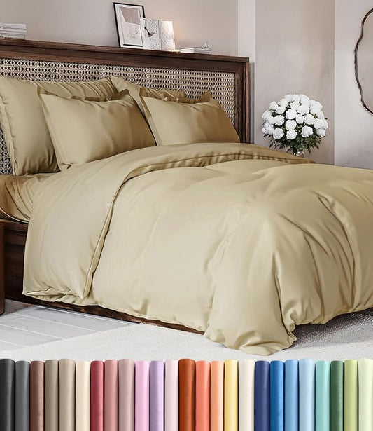 Duvet Cover Full Size Set - Extra Soft Full Duvet Cover 80" x 90" with 2 Pillow Shams - Hotel Luxury, Easy Care and Fade Free w/ Zipper Closures & Ties - All Season, Comfy, Cozy & Breathable (Beige)