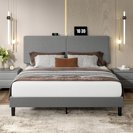VECELO Full Bed Frame with Type-C & USB Ports, Upholstered Platform Height-Adjustable Cotton and Linen Headboard, No Box Spring Needed, Noise-Free, Easy Assembly, Dark Grey