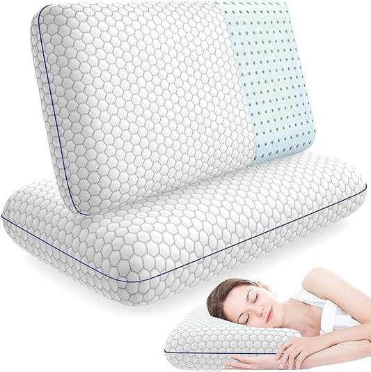 CushyOasis 2 Pack Memory Foam Pillows for Side, Back and Stomach Sleepers, Bed Pillow with Washable Cover and Breathable Mesh, Bed Pillow for Sleeping, Grey，Standard Size