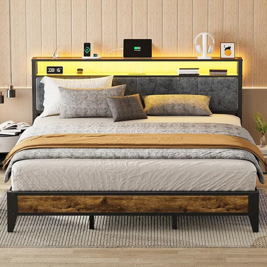 OLEVS King Bed Frame with Headboard, Metal Platform Bed King Size with 2-Tier Storage, LED Light & Charging Station Type C, No Box Spring Needed, Easy Assembly