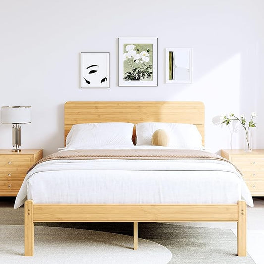 BOSRII 14in High Solid Bamboo Wood Platform Queen Size Bed Frame with Headboard, Reinforced Heavy Duty Metal Slats, Noise Free, No Box Spring Needed, Easy Assembly